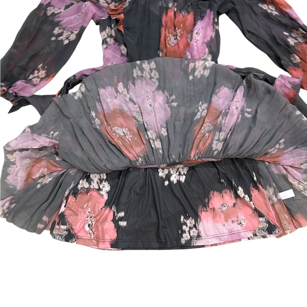 NWT unsubscribed Floral Long Sleeve sheer floral Dress tie belt ruffle black  8 - Picture 9 of 13